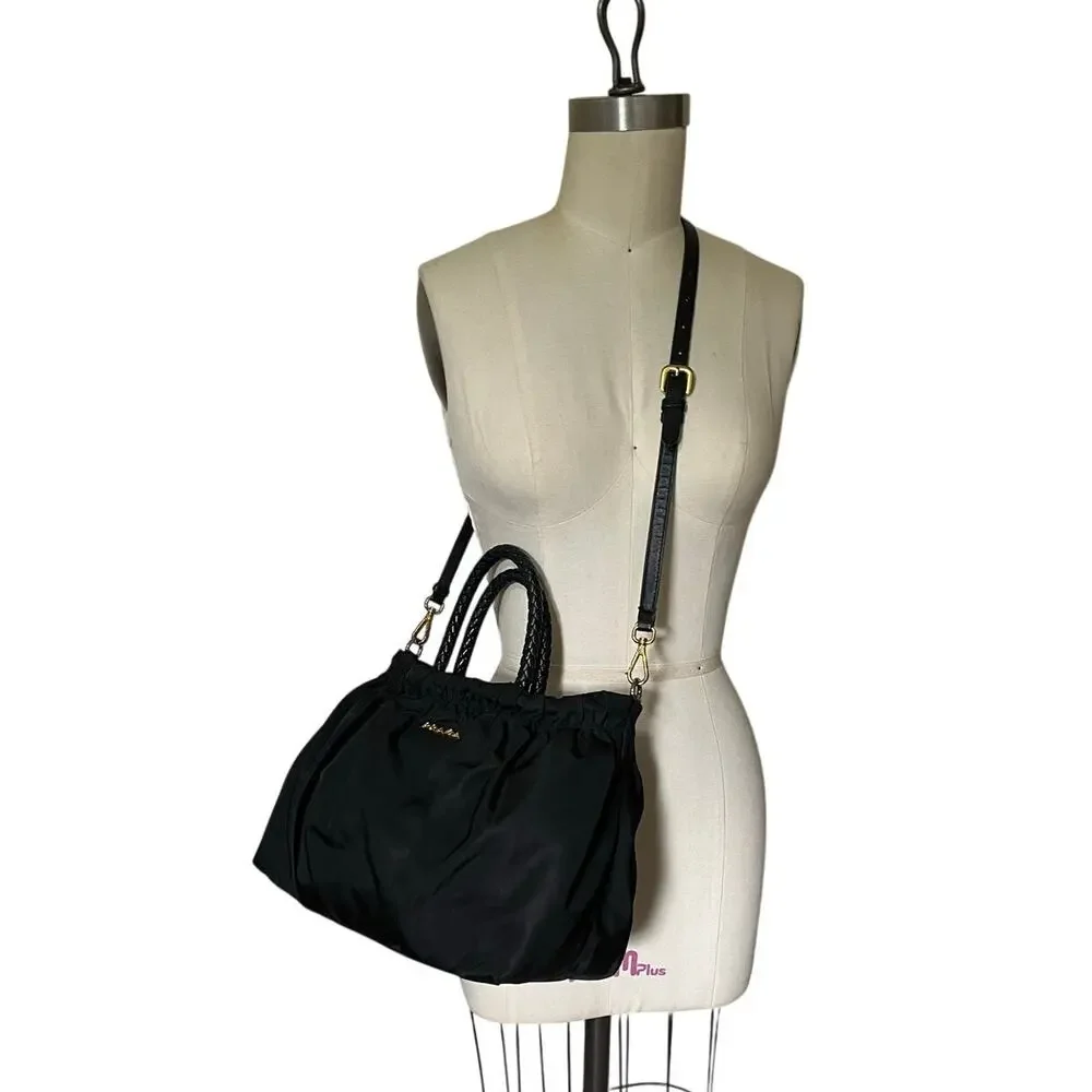 PRADA Authentic Tessuto Gaufre Ruched Nylon Satchel Handbag Black Gold Crossbody